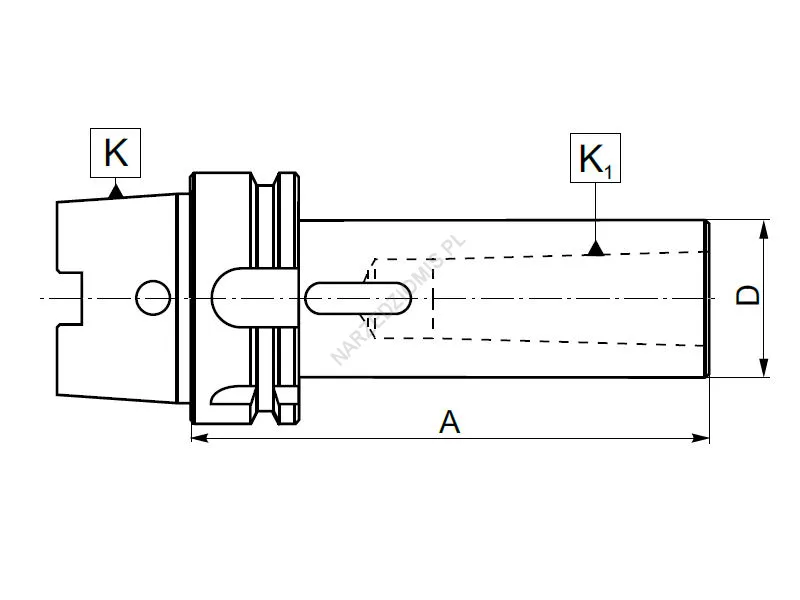 Rysunek techniczny: Tuleja redukcyjna z chw. HSK-A na chw.Morse'a z płetwą: T.7890 HSK100/MS2 120mm - KOLNO